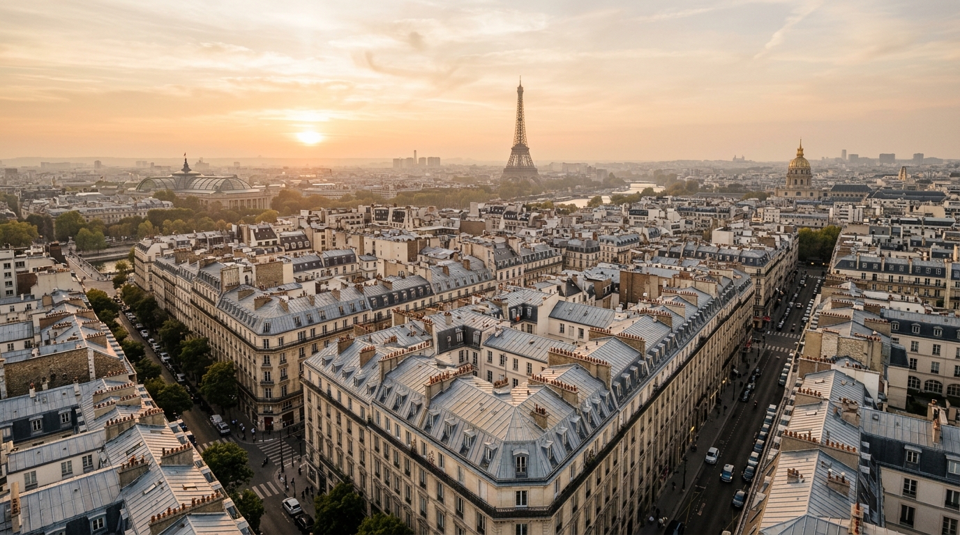 Vue des toits parisiens haussmanniens au coucher du soleil